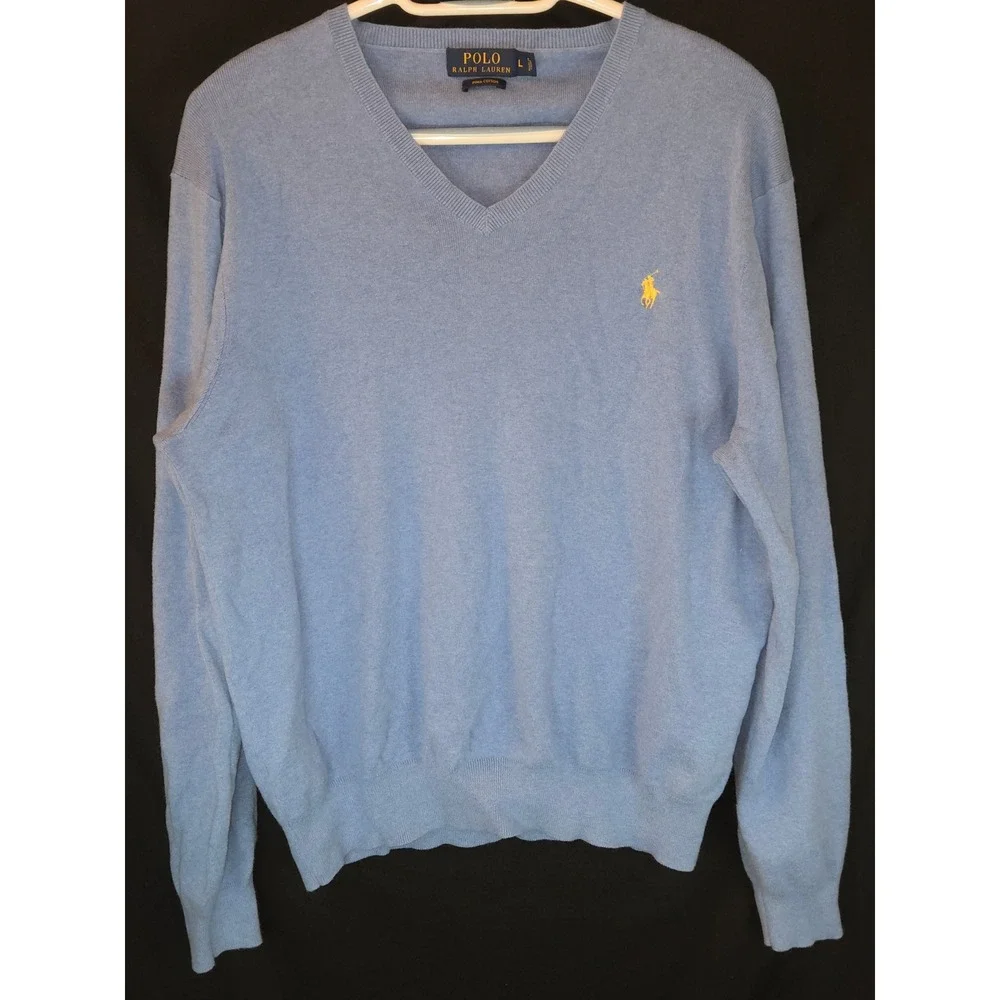 Polo Ralph Lauren Mens Pima‎ Cotton V-Neck Sweater Light Blue Large
